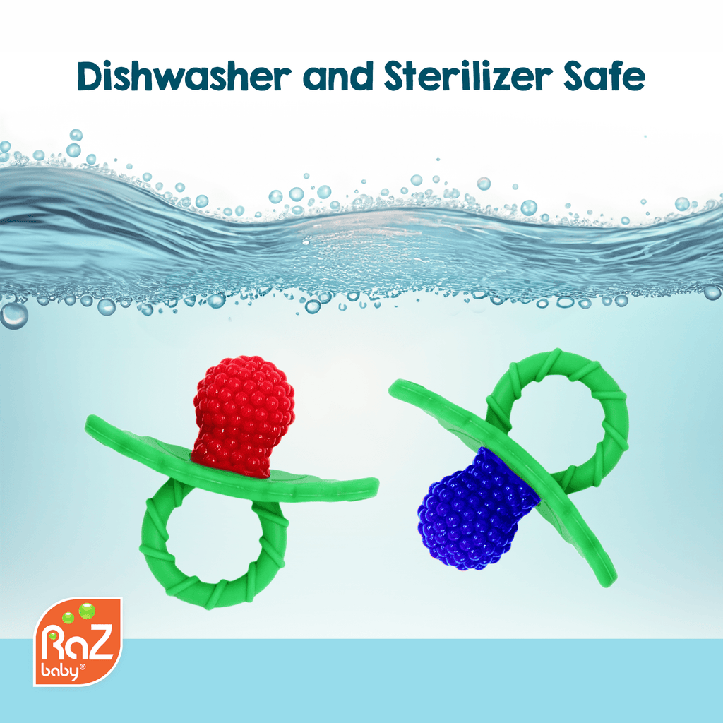 RaZbaby RaZberry Silicone Teether Toy / Multi-Texture Design / Hands Free Design / for Baby 3m+ / Pacifier Style Teether