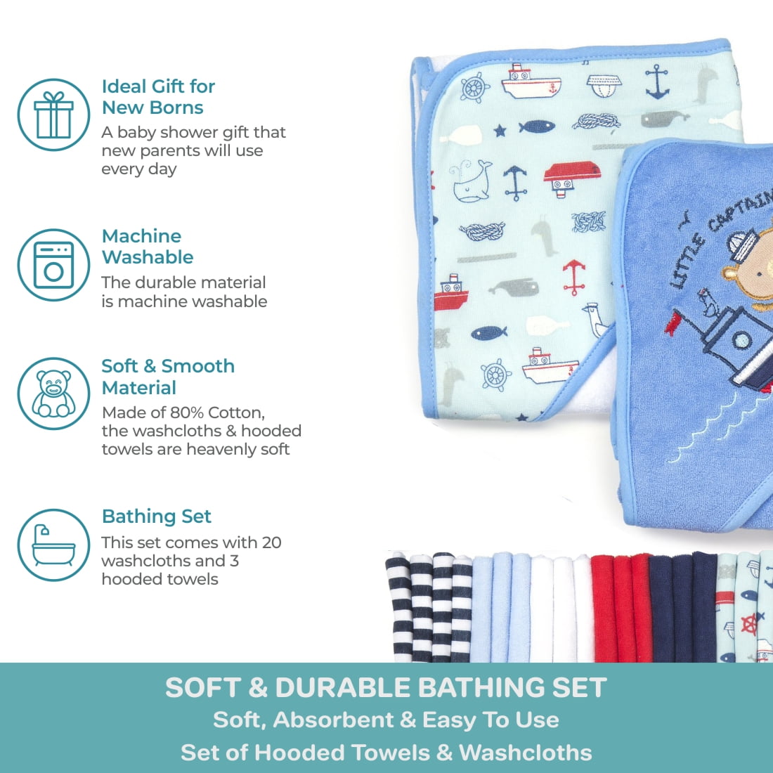Spasilk Bath Hooded Towels & Washcloths Set for Babies, 23-Piece Gift Set, Navy Nautical