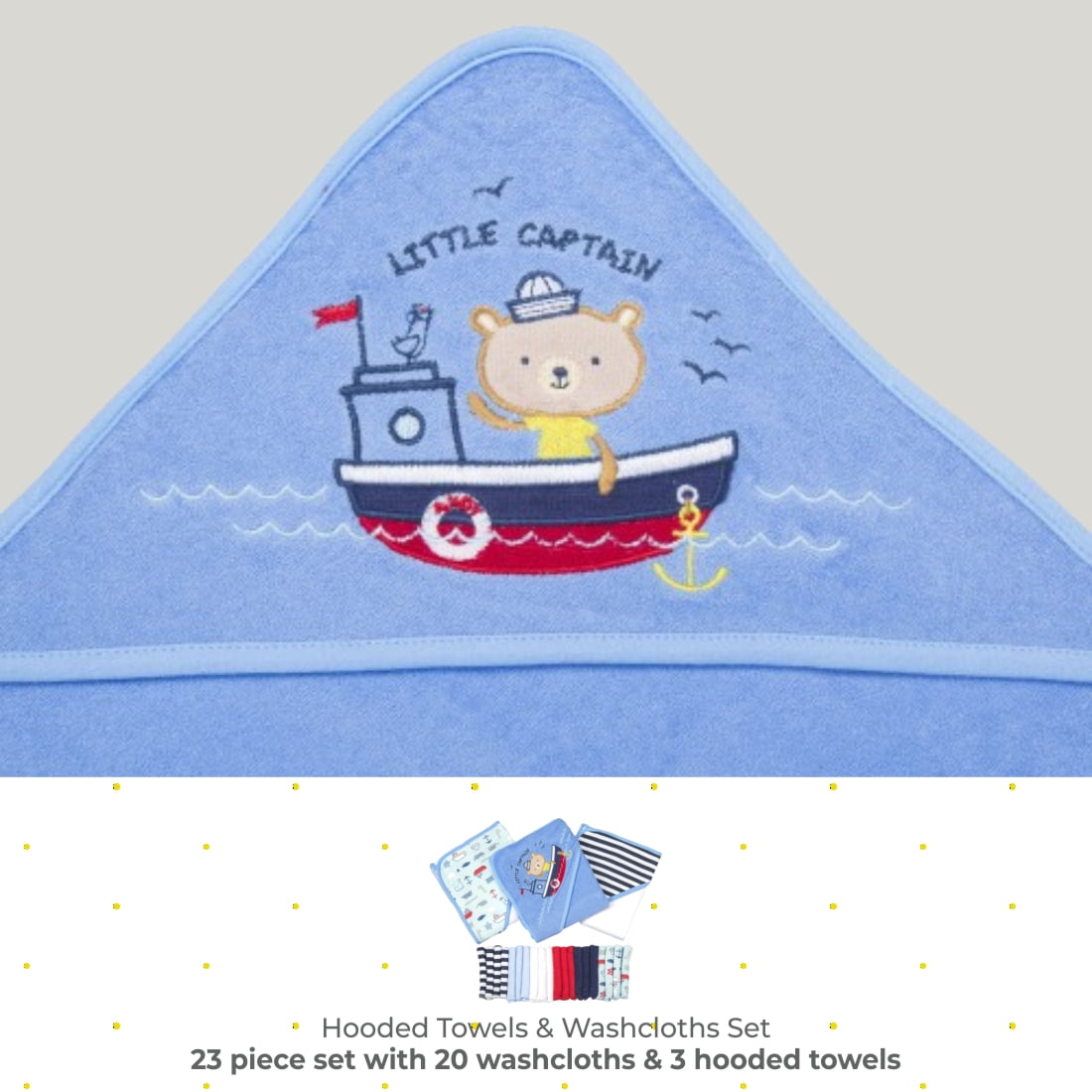 Spasilk Bath Hooded Towels & Washcloths Set for Babies, 23-Piece Gift Set, Navy Nautical