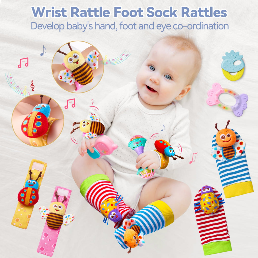 15PCS Baby Rattles 0-6 Months Baby Girl Boy Toys Infant Toys 6-12 Months Teething Toy 3-6 Months with Wrist&Ankle Rattles Newborn Toys Gifts 0-3 Months with Box