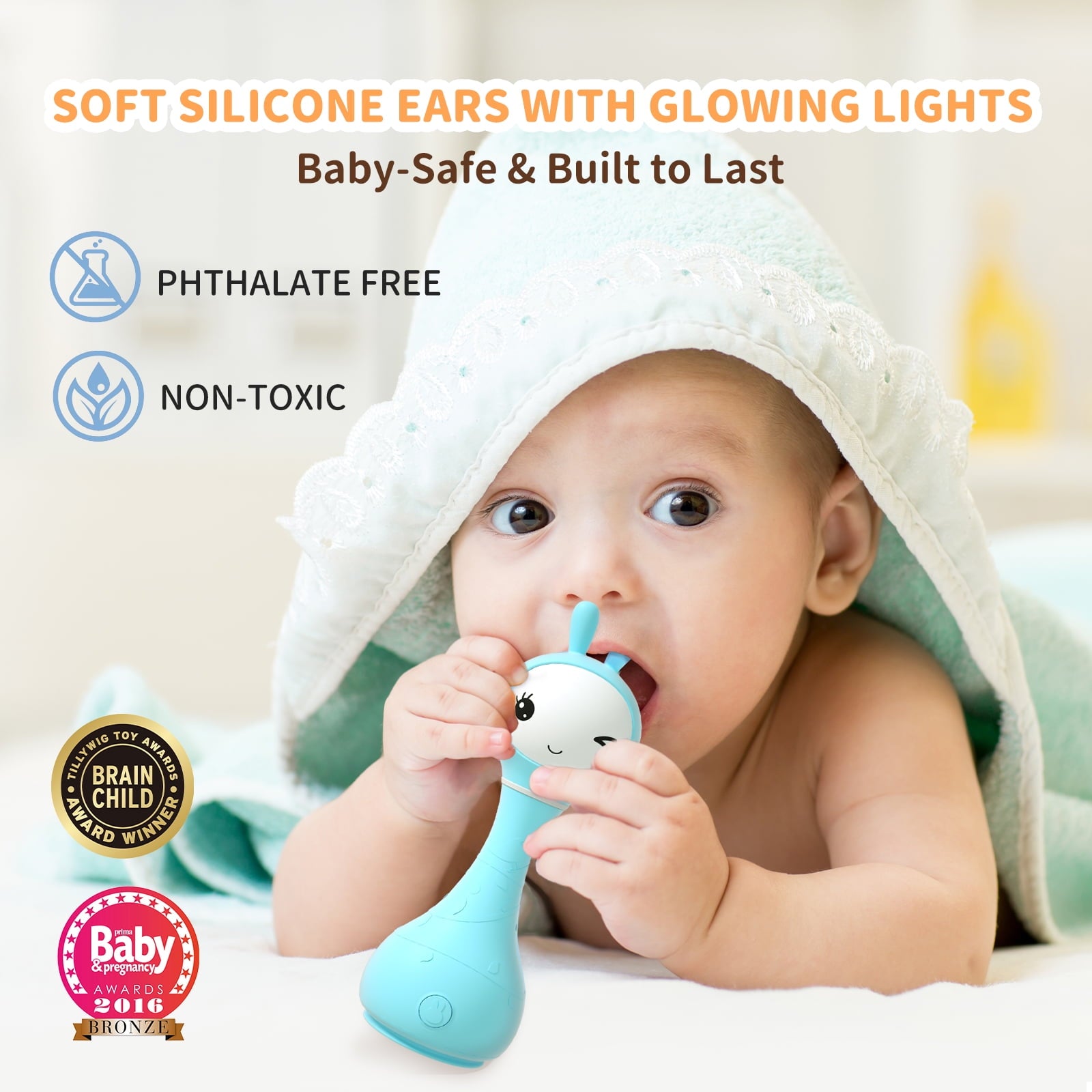 alilo Smarty Bunny Baby Rattle - Infants Musical Light Up Toys for 0-24 Months - Nursery Rhymes, Stories, White Noise, and Colour Recognition - Newborn Gift