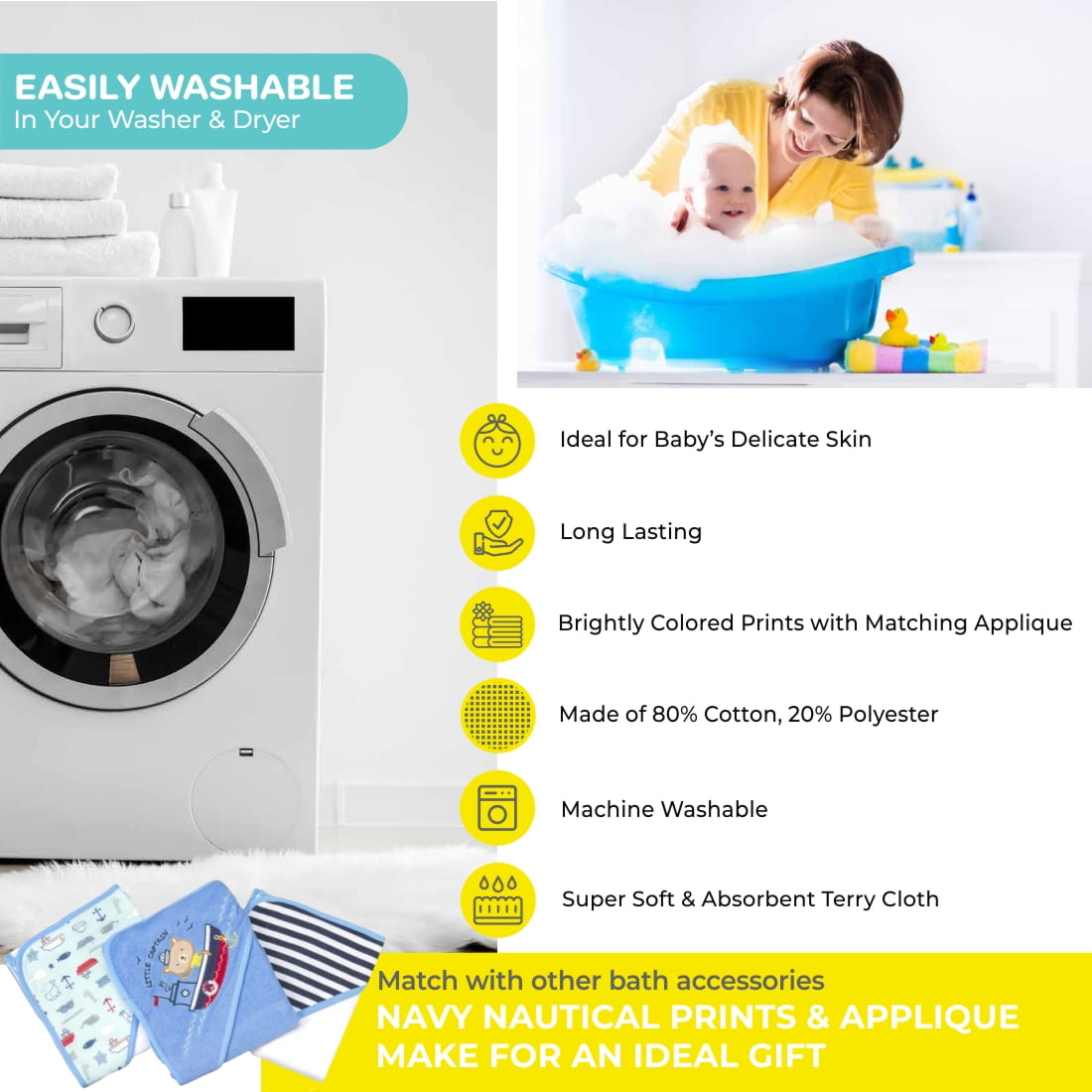 Spasilk Bath Hooded Towels & Washcloths Set for Babies, 23-Piece Gift Set, Navy Nautical