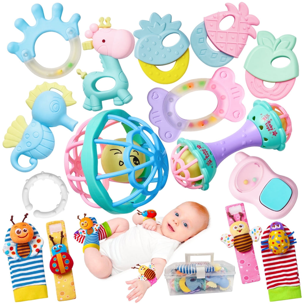 15PCS Baby Rattles 0-6 Months Baby Girl Boy Toys Infant Toys 6-12 Months Teething Toy 3-6 Months with Wrist&Ankle Rattles Newborn Toys Gifts 0-3 Months with Box