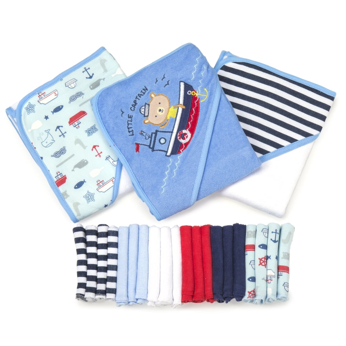 Spasilk Bath Hooded Towels & Washcloths Set for Babies, 23-Piece Gift Set, Navy Nautical
