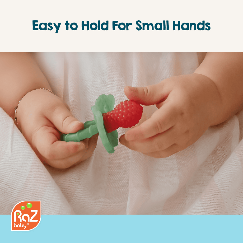 RaZbaby RaZberry Silicone Teether Toy / Multi-Texture Design / Hands Free Design / for Baby 3m+ / Pacifier Style Teether
