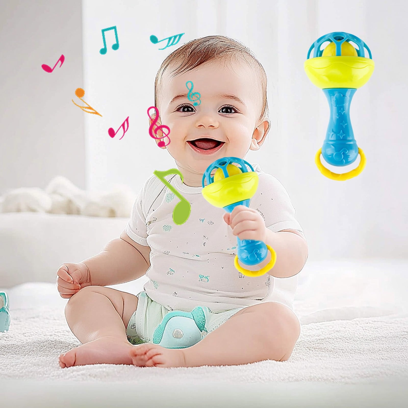 Twfbrm Rattles Toys, Sensory Montessori Learning Toy, Easy-Grasp Handbell with Soft Silicone Teething Toys, Handheld Shaking Rattles Toy Infant Chew Toys Interactive Toys for 0-12 Months