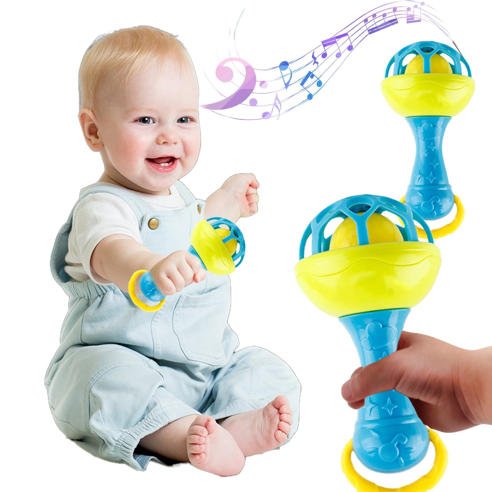 Twfbrm Rattles Toys, Sensory Montessori Learning Toy, Easy-Grasp Handbell with Soft Silicone Teething Toys, Handheld Shaking Rattles Toy Infant Chew Toys Interactive Toys for 0-12 Months
